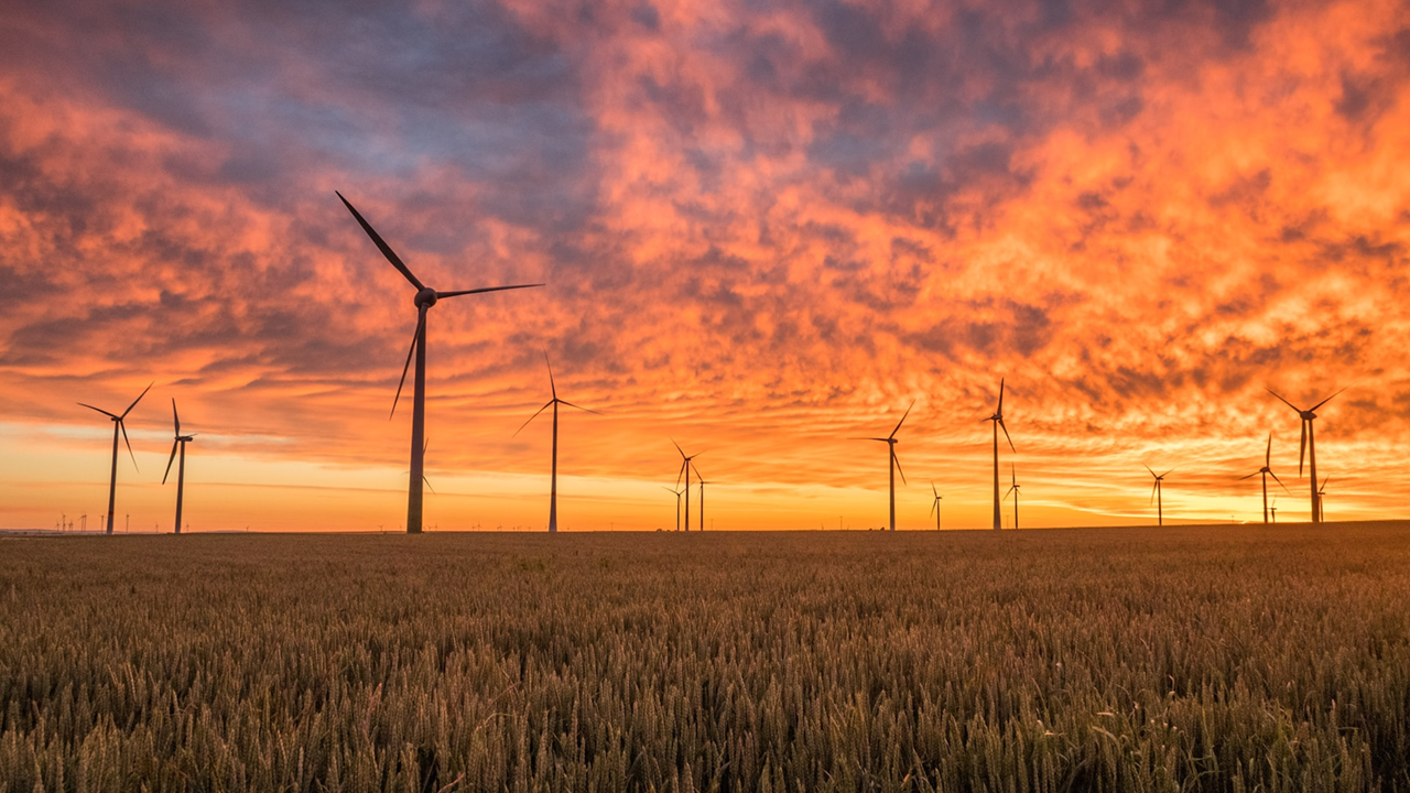 Symbolbild einer Windkraftanlage mit mehreren Windräder für die Gewinnung erneuerbarer Energien