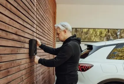Ein älterer Herr betätigt die Wallbox an seiner Hausfassade vorm Parkplatz